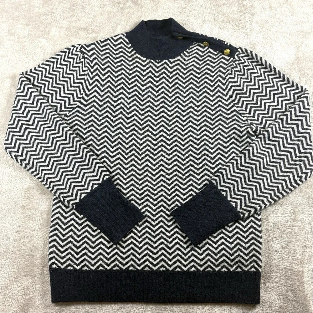 J. Crew‎ Button-detail mockneck sweater navy blue herringbone chevron Small